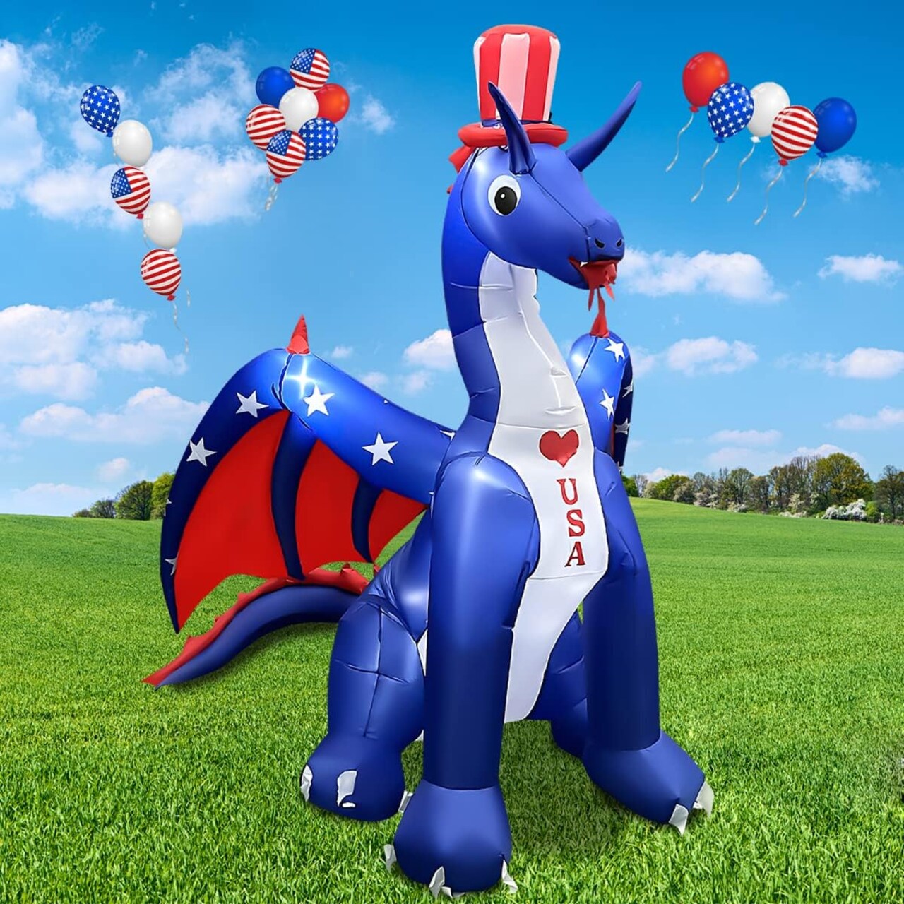 8 FT Independence Day Inflatable Dragon with America Style Decorations Patriotic 4th of July for Home Yard Lawn Garden Indoor Outdoor Memorial Day Decor